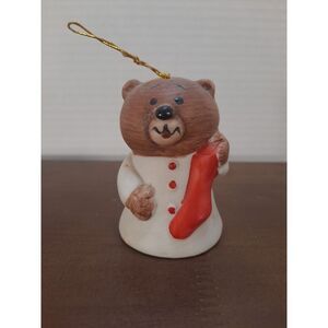 Christmas Bell Ornament, Bear in White Pajamas With Red Sock,‎ Bisque Porcelain